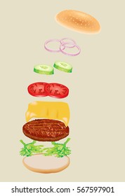 Fastfood. Hamburger ingredients vector illustration.