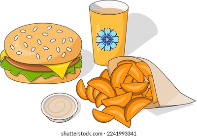 fast-food, hamburger, potato, lemonade, sauce