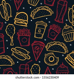 FastFood hand draw doodle background with tasty dishes. Burger, French Fries, Soft Drinks and Coffee