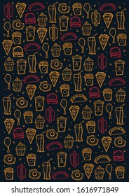 FastFood hand draw doodle background with tasty dishes. Burger, French Fries, Soft Drinks and Coffee