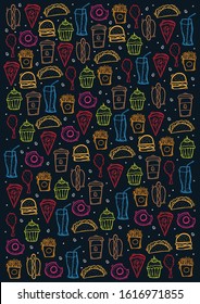 FastFood hand draw doodle background with tasty dishes. Burger, French Fries, Soft Drinks and Coffee