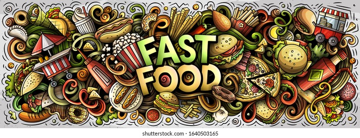 Fastfood hand drawn cartoon doodles illustration. Fast food funny objects and elements poster design. Creative art background. Colorful vector banner