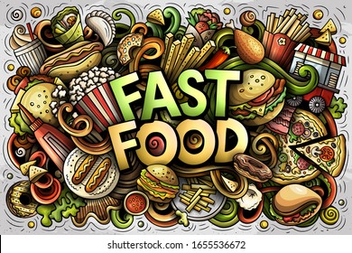 Fastfood hand drawn cartoon doodles illustration. Fast food funny objects and elements poster design. Creative art background. Colorful vector banner