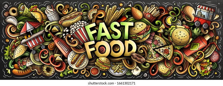 Fastfood hand drawn cartoon doodles illustration. Fast food funny objects and elements poster design. Creative art background. Colorful vector banner