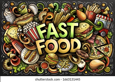 Fastfood hand drawn cartoon doodles illustration. Fast food funny objects and elements poster design. Creative art background. Colorful vector banner