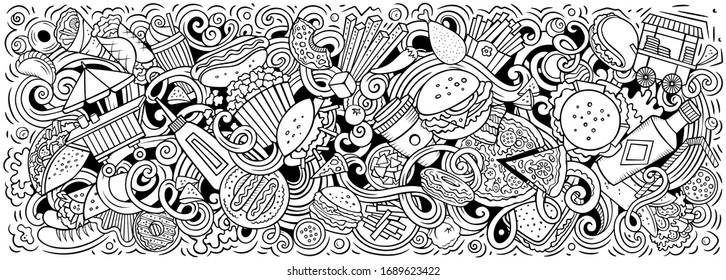 Fastfood hand drawn cartoon doodles illustration. Fast food funny objects and elements poster design. Creative art background. Sketch vector banner
