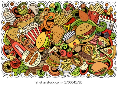 Fastfood hand drawn cartoon doodles illustration. Fast food funny objects and elements poster design. Creative art background. Colorful vector banner