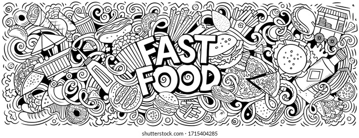 Dibujo de doodles dibujados a mano con comida rápida. Diseño de carteles de objetos y elementos divertidos de comida rápida. Antecedentes de arte creativo. Banner vectorial de línea