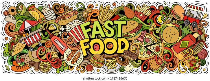 Fastfood Hand Drawn Cartoon Doodles Illustration. Fast Food Funny Objects And Elements Poster Design. Creative Art Background. Colorful Vector Banner