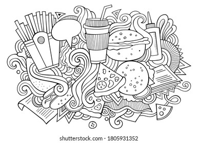 Fastfood hand drawn cartoon doodles illustration. Funny food design. Creative art vector background. Fast food symbols, elements and objects. Sketchy composition