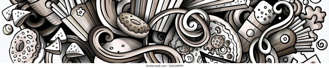 Fastfood hand drawn doodle banner. Cartoon detailed illustrations. Fast food identity with objects and symbols. Monochrome vector design elements background