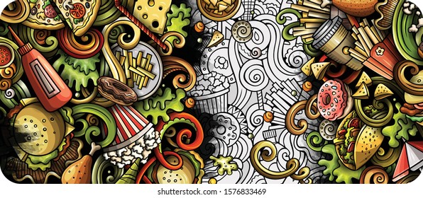 Fastfood hand drawn doodle banner. Cartoon detailed illustrations. Fast food identity with objects and symbols. Color vector design elements background
