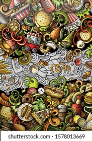Fastfood hand drawn doodle banner. Cartoon detailed illustrations. Fast food identity with objects and symbols. Color vector design elements background