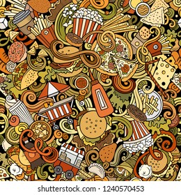 Fastfood hand drawn doodles seamless pattern. Fast food background. Cartoon fabric print design. Colorful vector illustration. All objects are separate.