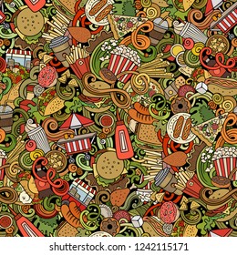 Fastfood hand drawn doodles seamless pattern. Fast food background. Cartoon fabric print design. Colorful vector illustration. All objects are separate.