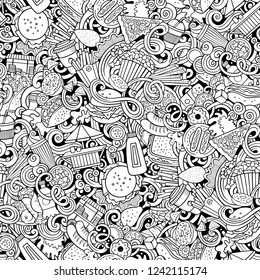 Fastfood hand drawn doodles seamless pattern. Fast food background. Cartoon fabric print design. Sketchy vector illustration. All objects are separate.