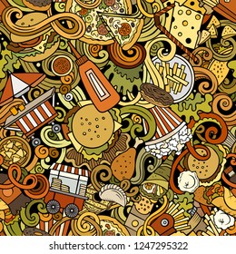 Fastfood hand drawn doodles seamless pattern. Fast food background. Cartoon fabric print design. Colorful vector illustration. All objects are separate.