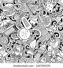 Fastfood hand drawn doodles seamless pattern. Fast food background. Cartoon fabric print design. Sketchy vector illustration. All objects are separate.