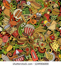 Fastfood hand drawn doodles seamless pattern. Fast food background. Cartoon fabric print design. Colorful vector illustration. All objects are separate.