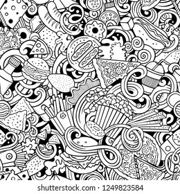Fastfood hand drawn doodles seamless pattern. Fast food background. Cartoon fabric print design. Sketchy vector illustration. All objects are separate.