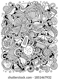 Fastfood hand drawn vector doodles illustration. Fast food poster design. Unhealthy elements and objects cartoon background. Sketchy funny picture. All items are separated
