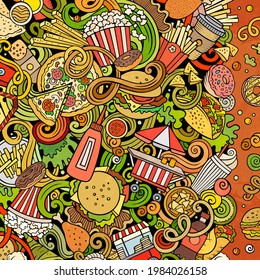 Fastfood hand drawn vector doodles illustration. Fast food frame card design. Unhealthy elements and objects cartoon background. Bright colors funny border. All items are separated