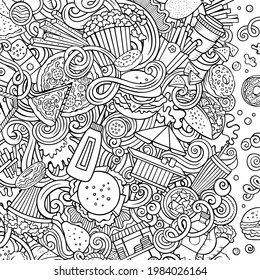 Fastfood hand drawn vector doodles illustration. Fast food frame card design. Unhealthy elements and objects cartoon background. Line art funny border. All items are separated