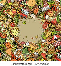 Fastfood hand drawn vector doodles illustration. Fast food frame card design. Unhealthy elements and objects cartoon background. Bright colors funny border. 