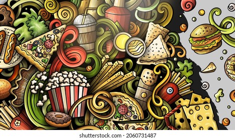 Fastfood hand drawn vector doodles illustration. Fast food banner design. Unhealthy elements and objects cartoon background. Bright colors funny picture. All items are separated