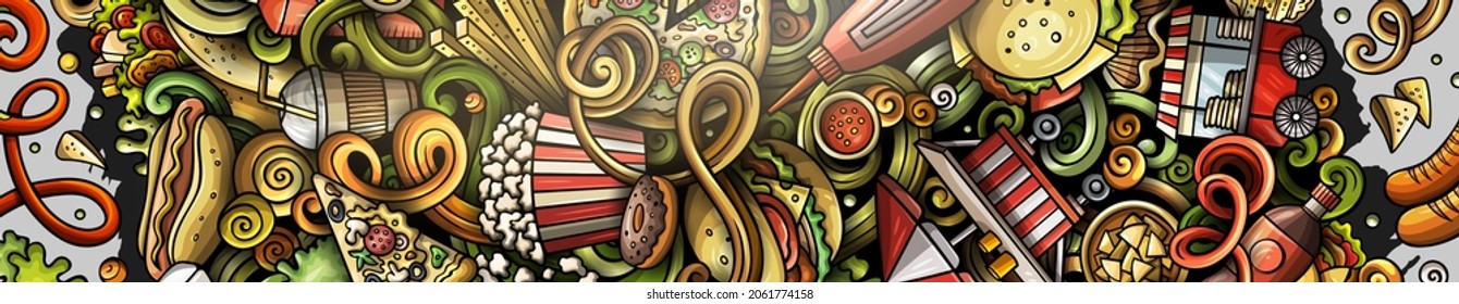 Fastfood hand drawn vector doodles illustration. Fast food banner design. Unhealthy elements and objects cartoon background. Bright colors funny picture. All items are separated