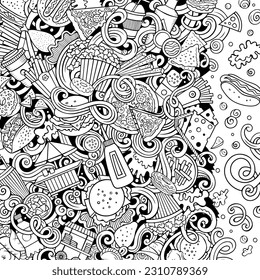 Fastfood hand drawn vector doodles illustration. Fast food frame card design. Unhealthy elements and objects cartoon background. Line art funny border. All items are separated