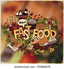 Fastfood hand lettering and doodles elements and symbols emblem. Vector blurred background