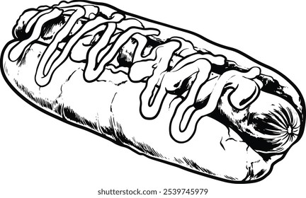 FastFood hotdog with mustard and ketchup, line art engrave artstyle illustration