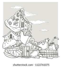 Fastfood House, Lovely Cartoon Castle, Made From burger, pizza and french fry, Page For Your Coloring Book