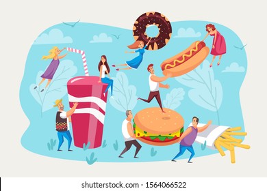 Fastfood, hunger, meal, food set. Young happy man, women, boys and girls choose their delicious and unhealthy calorie eats. Bad habit. Flying people and fastfood. Hotdog, hamburger, fries. Flat vector