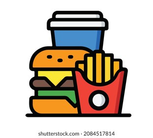 Fastfood Icon Logo Vector With Burger, Drinks, French fries, and Drinks Including A White Background 