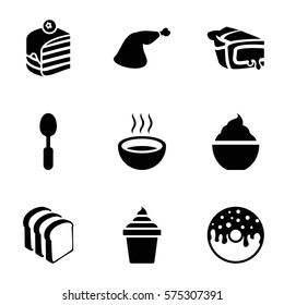 Fastfood icon. Set of 9 Fastfood filled icons such as ice cream in can, piece of cake, donut, bread slices, milkshake, pie, meat leg, spoon