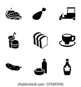 Fastfood icon. Set of 9 Fastfood filled icons such as maple syrup, cucumber, bread slices, fast food cart, coffee cup, drink and food, sandwich and apple, meat leg
