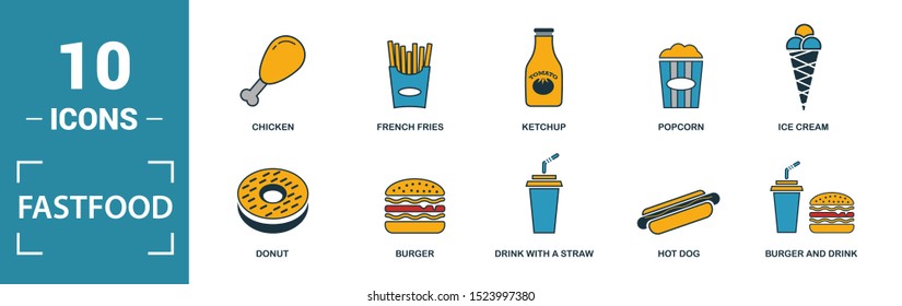 Fastfood icon set. Include creative elements burger, drink with a straw, donuts, chicken leg, delivery icons. Can be used for report, presentation, diagram, web design.