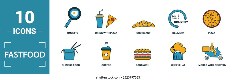 Fastfood icon set. Include creative elements burger, drink with a straw, donuts, chicken leg, delivery icons. Can be used for report, presentation, diagram, web design.