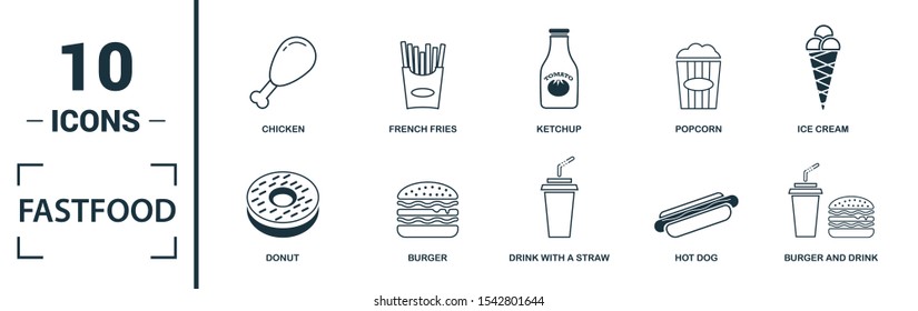 Fastfood icon set. Include creative elements burger, drink with a straw, donuts, chicken leg, delivery icons. Can be used for report, presentation, diagram, web design.