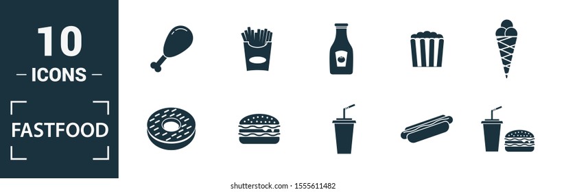 Fastfood icon set. Include creative elements burger, drink with a straw, donuts, chicken leg, delivery icons. Can be used for report, presentation, diagram, web design.