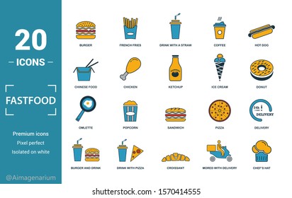 Fastfood icon set. Include creative elements burger, drink with a straw, donuts, chicken leg, delivery icons. Can be used for report, presentation, diagram, web design.
