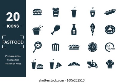 Fastfood icon set. Include creative elements burger, drink with a straw, donuts, chicken leg, delivery icons. Can be used for report, presentation, diagram, web design.