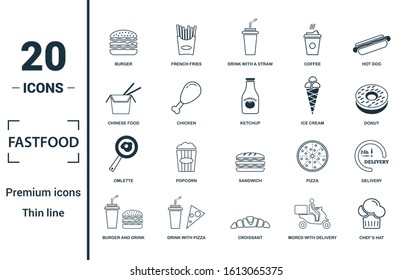 Fastfood icon set. Include creative elements burger, drink with a straw, donuts, chicken leg, delivery icons. Can be used for report, presentation, diagram, web design.