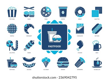 Fastfood icon set. Pizza, Pop Corn, Hot Dog, Burger, Donut, Shawarma, Sushi, Beer. Duotone color solid icons