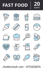 Fastfood icon set. Street food line symbols collection. Burger, pizza, donut outline vector signs in color.