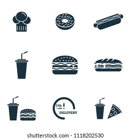 Fastfood icons set. Burger icon, Hot Dog icon, Drink with a straw icon and more. Premium quality symbol collection. Fastfood icon set simple elements.