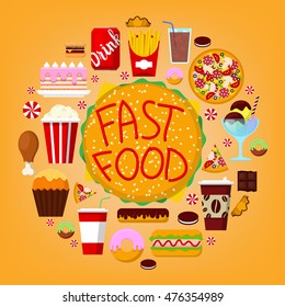Fastfood Icons Set with Burger, Soda and Pizza. Unhealthy Food Concept. Vector illustration