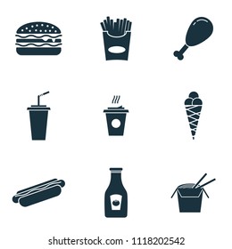 Fastfood icons set. Hot Dog icon, Coffee icon, Ketchup icon and more. Premium quality symbol collection. Fastfood icon set simple elements.